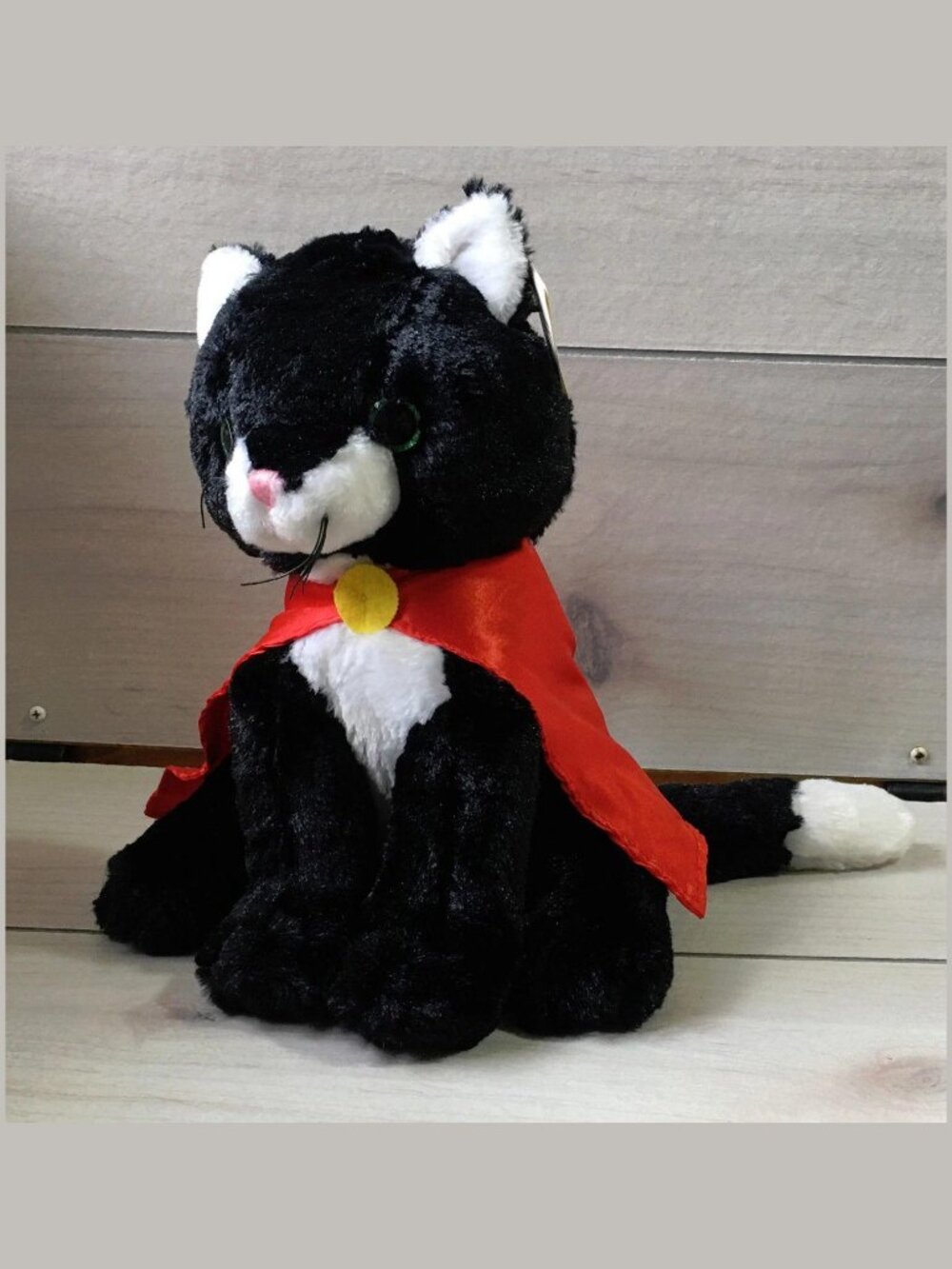 New 11" Unipak Plush Black & White Sitting Cat with Red Cape Kitten Super Hero